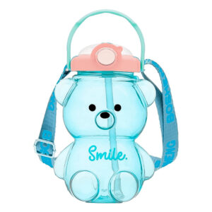 Garrafa Infantil 1L com Canudo Alça de Transporte Urso Azul Escolar