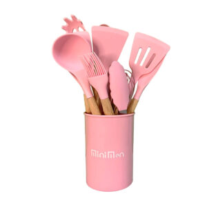 Utensilios de Cozinha Cabo Madeira Kit 12 Peças Rosa